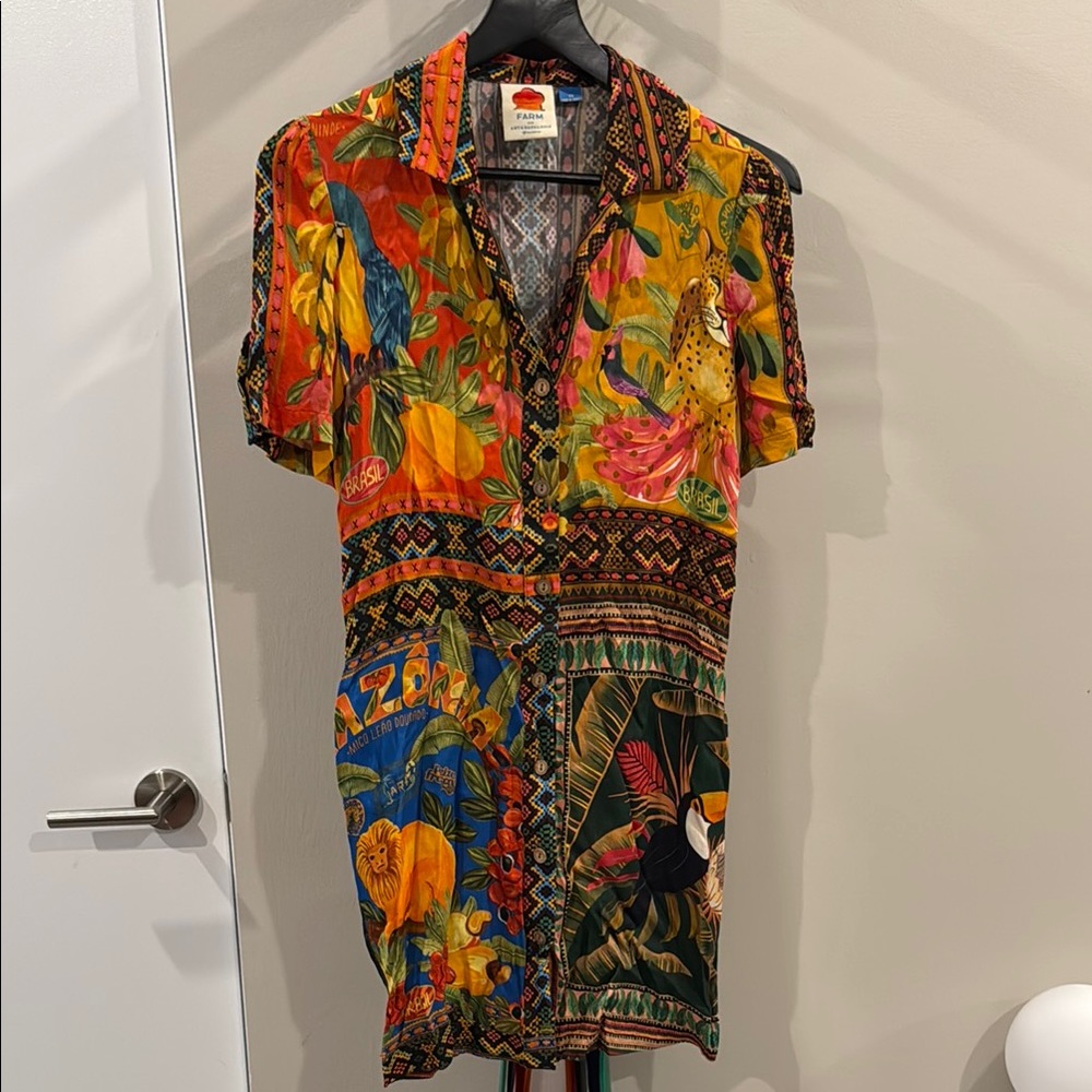 FARM Rio Orange and Yellow Mini Dress Notched Collar